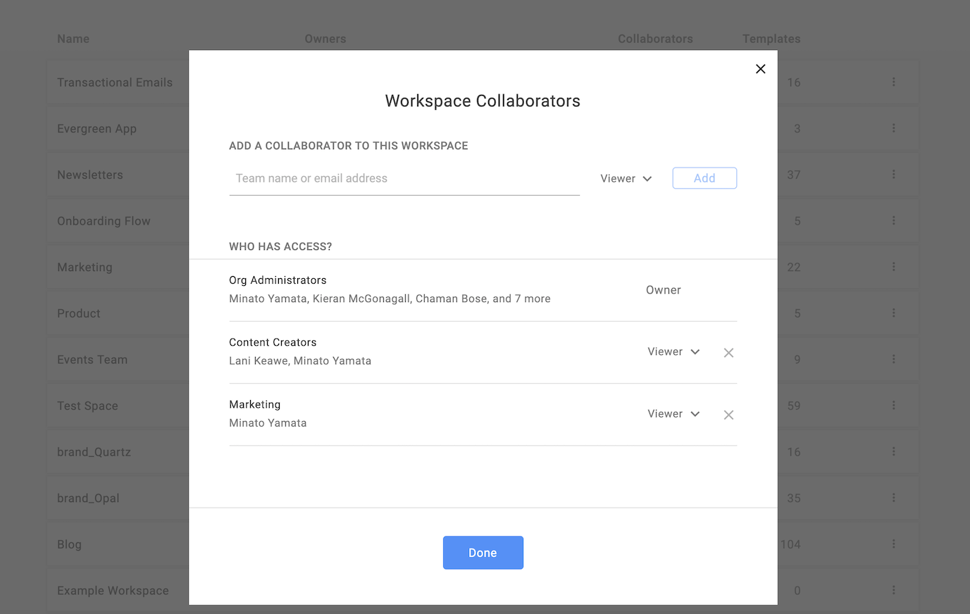 Add or Remove Team Collaborators Screen