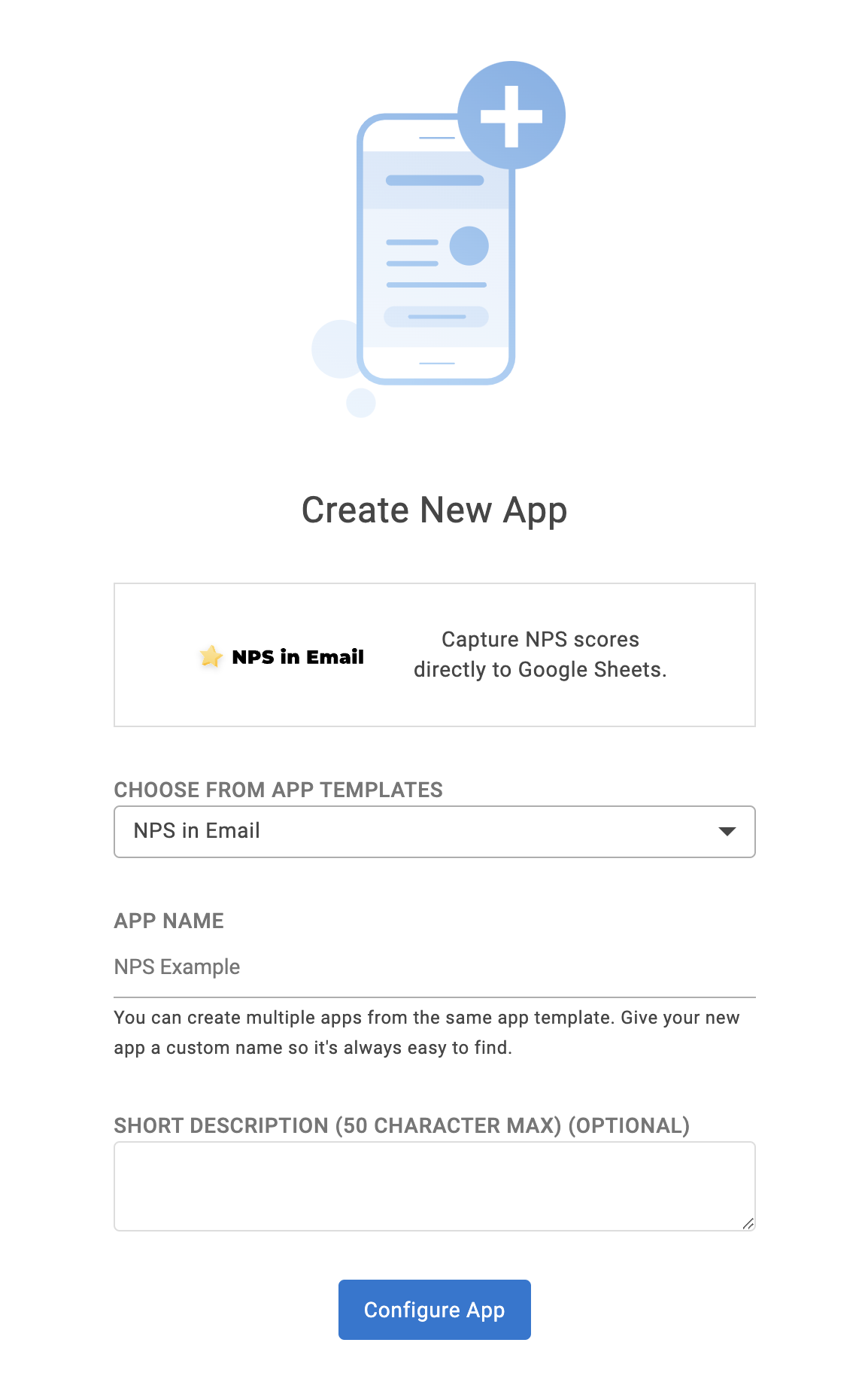 Create New App screen for new NPS in Email configuration