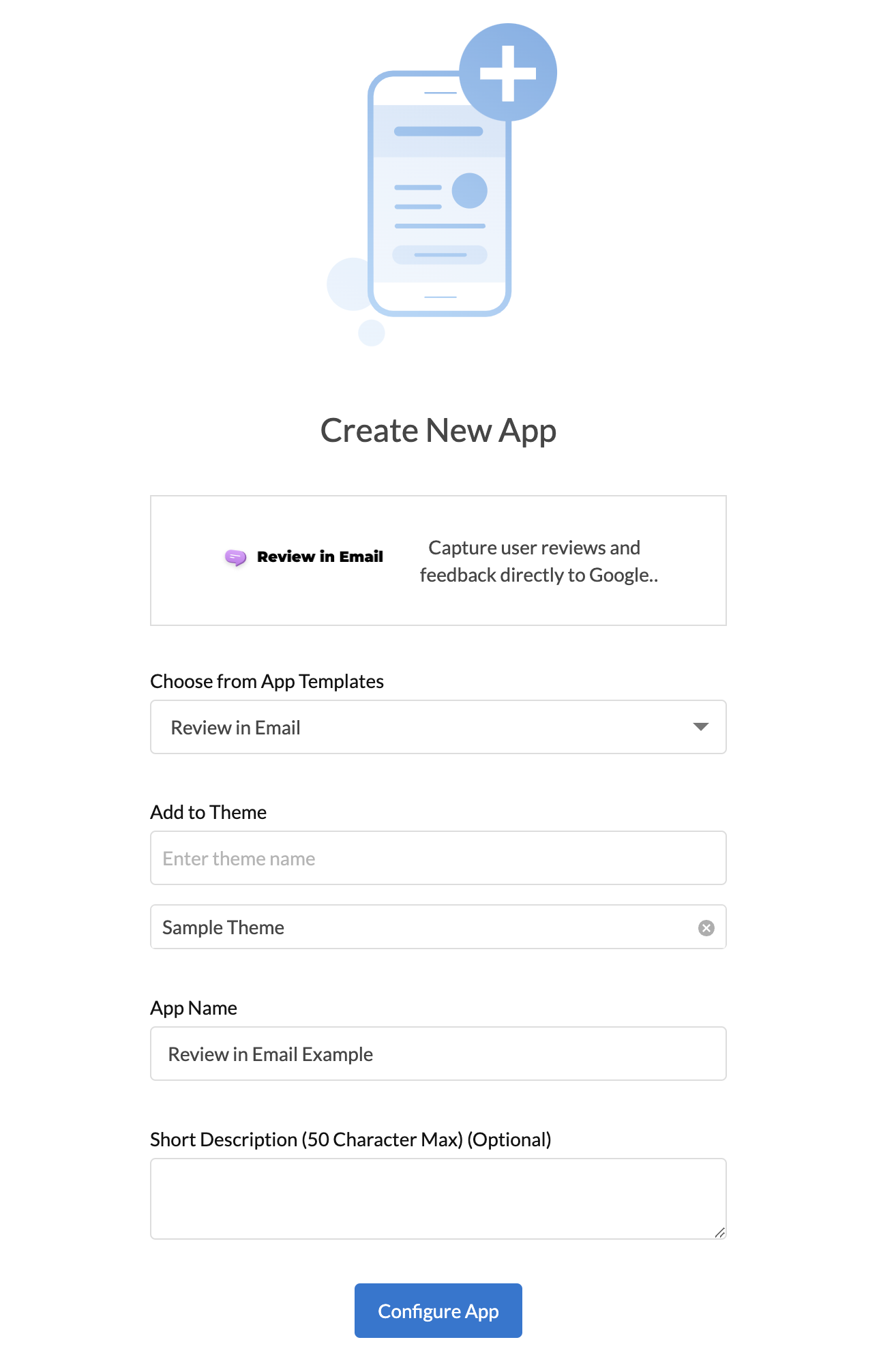 Create New App screen for new Review in Email configuration