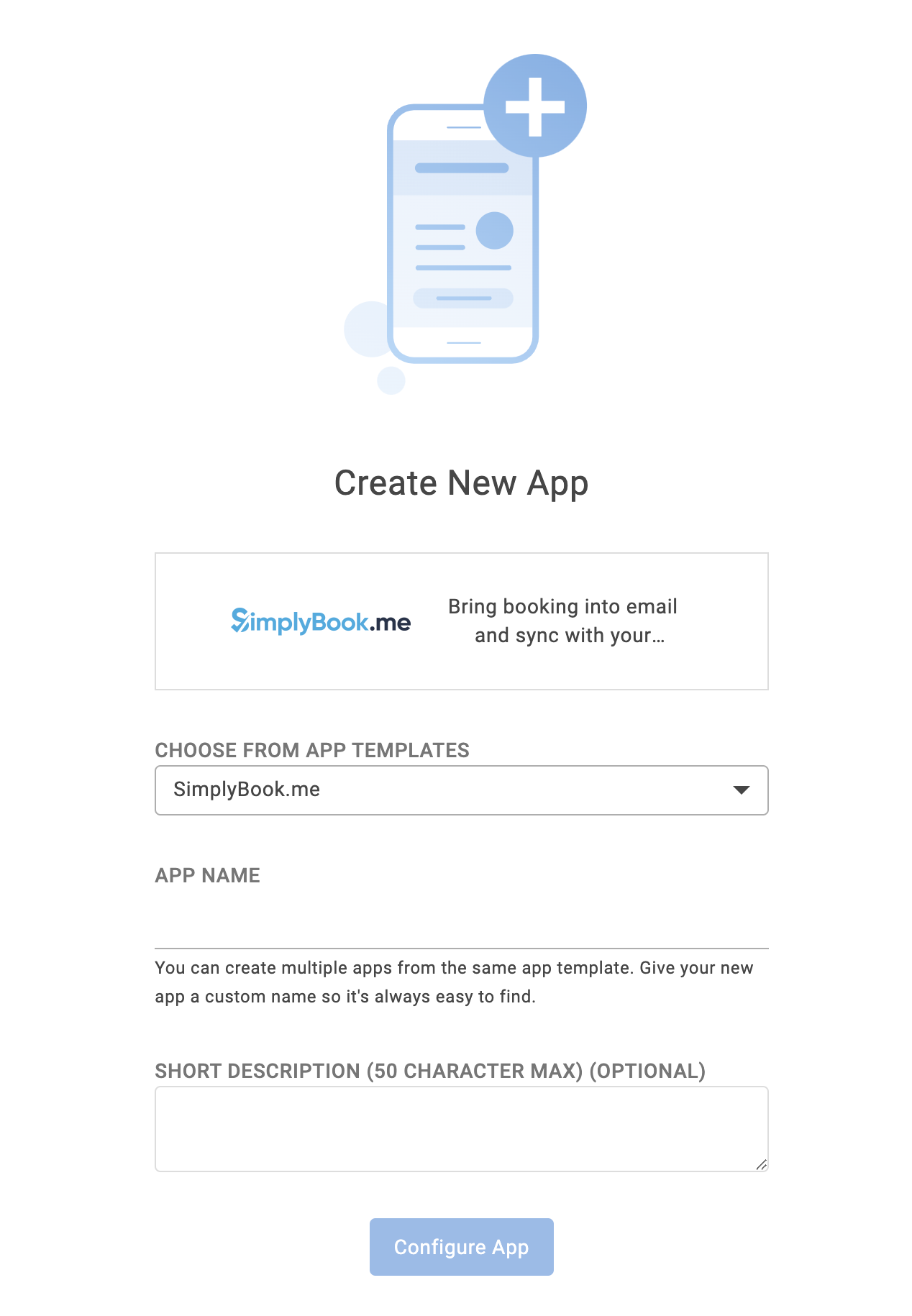Create New App screen for new SimplyBook.me configuration