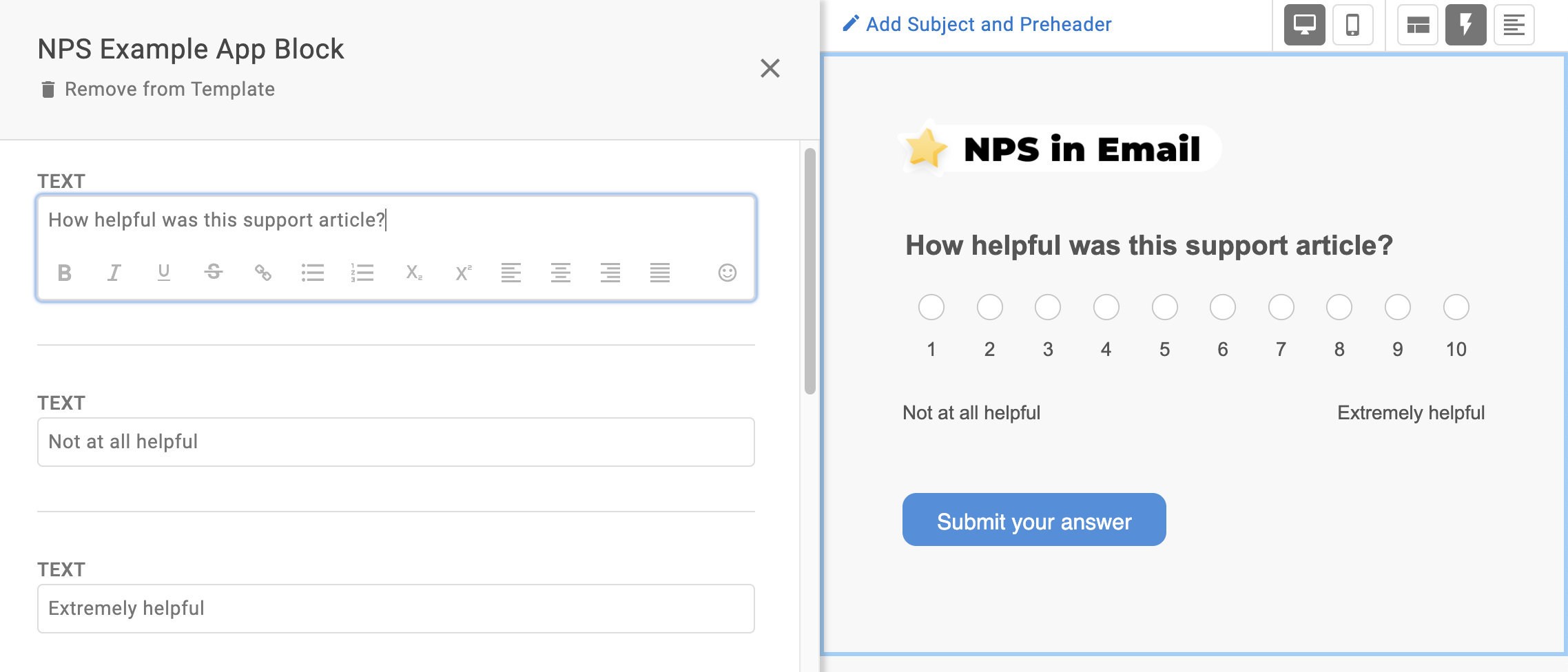 Editing an NPS in Email survey within a template
