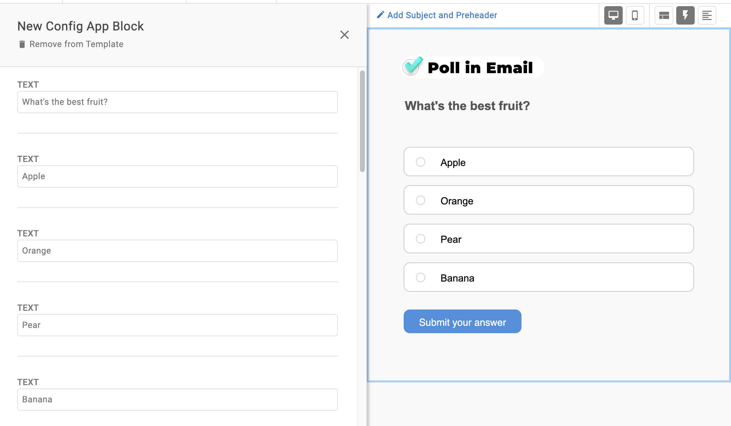 Editing a Poll in Email app within a template