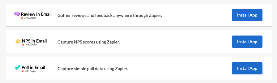 Zapier app installation options. Select from Review in Email, Poll in Email, or NPS in email