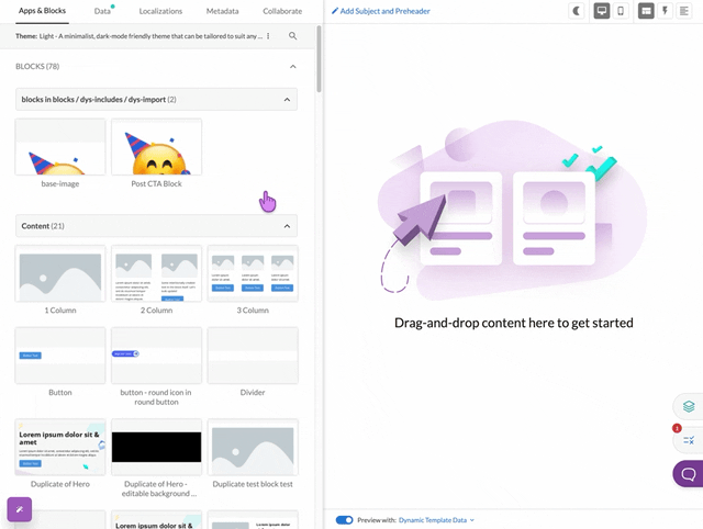 Block right clicked in the template preview pane with the Paste option visible.