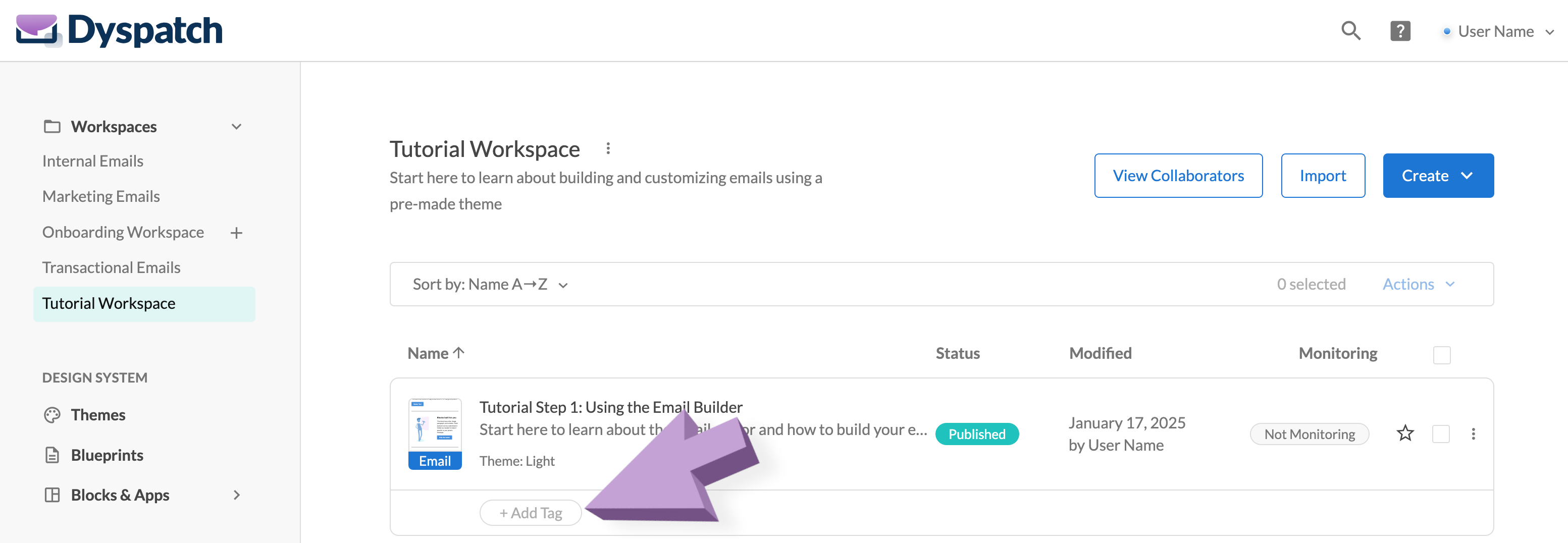 Arrow pointing to the add tag button under a template on a workspace template list