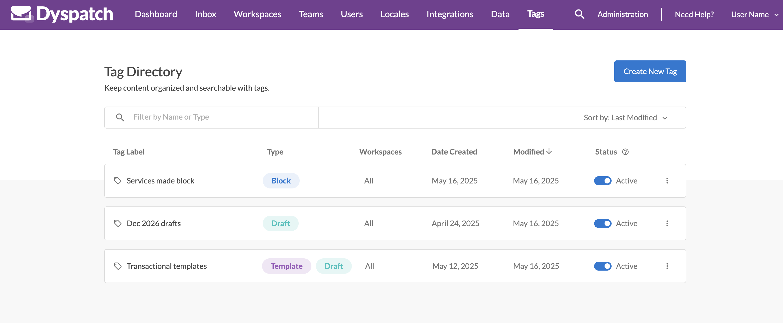 Admin dashboard tag management with 3 tags, toggles, and permissions listed