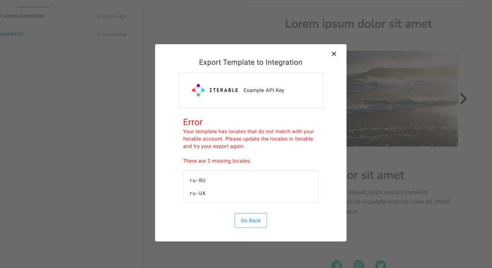 Dialog box showing that the Iterable export could not complete