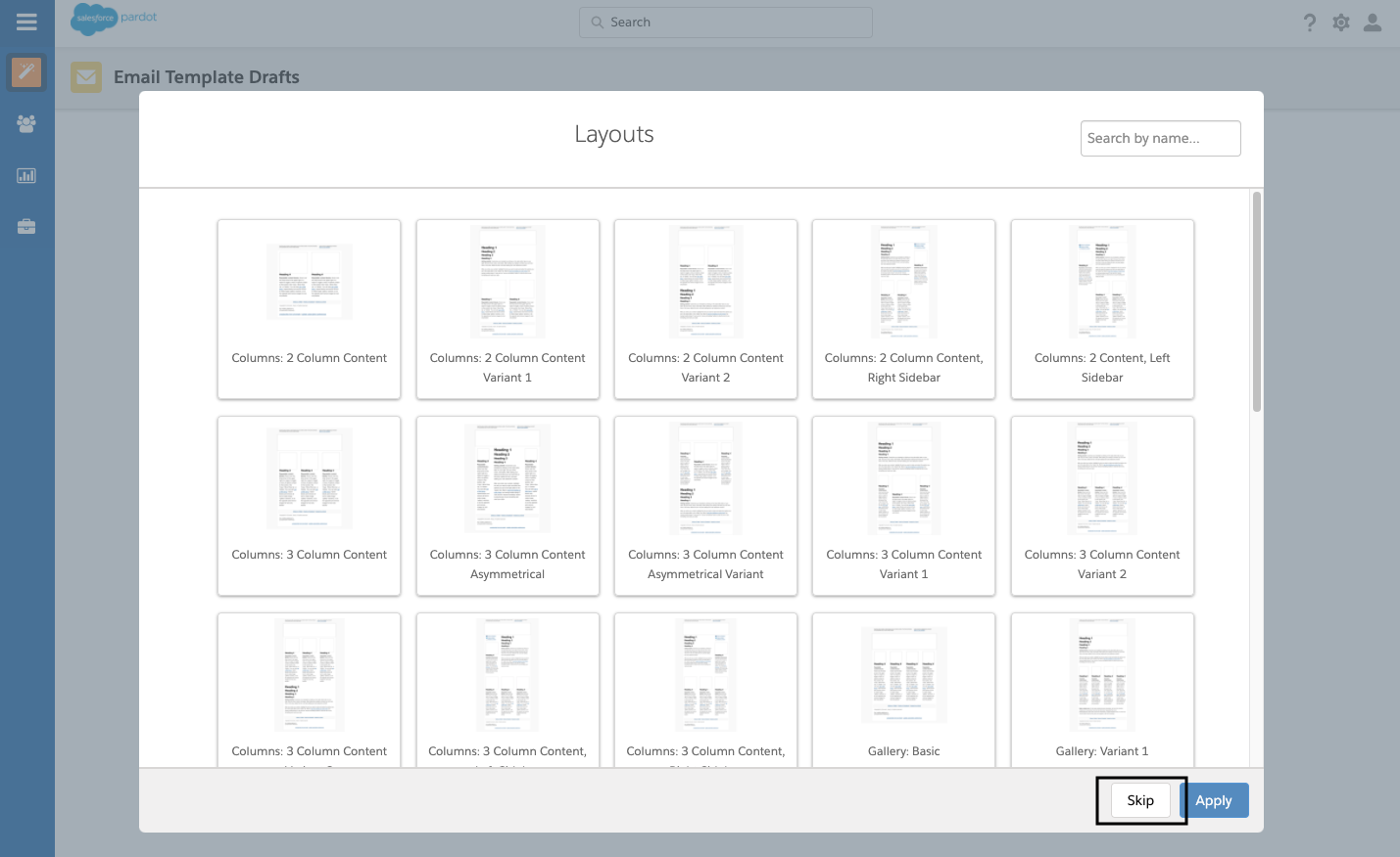 Pardot layouts screen. Skip this section