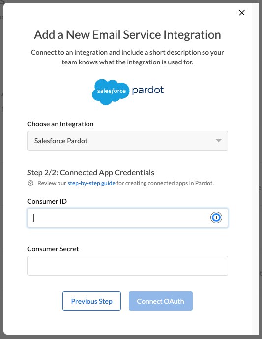 Step 2/2 add Consumer ID and Consumer Secret salesforce Pardot new email service integration
