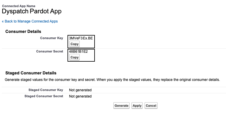 Consumer key and secret for a Pardot connected app