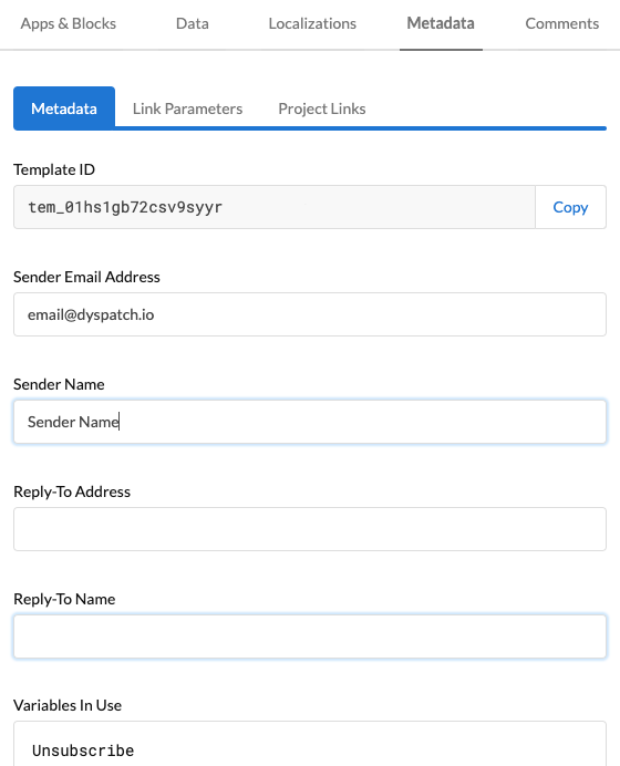 Dyspatch Metadata section for Pardot required sender settings