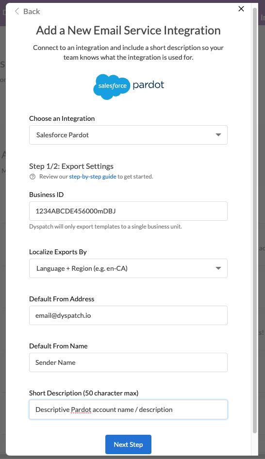 Step 1/2 Export Settings Dyspatch and Salesforce Pardot new email service integration
