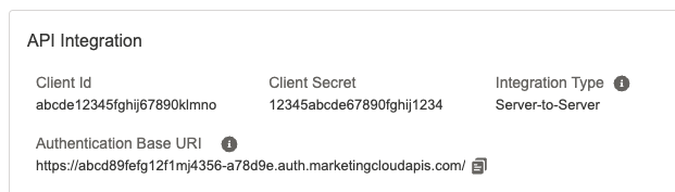 View of API settings displaying client ID, client secret, and authentication base uri