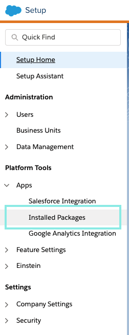 Showing where installed packages option lives within the setup section