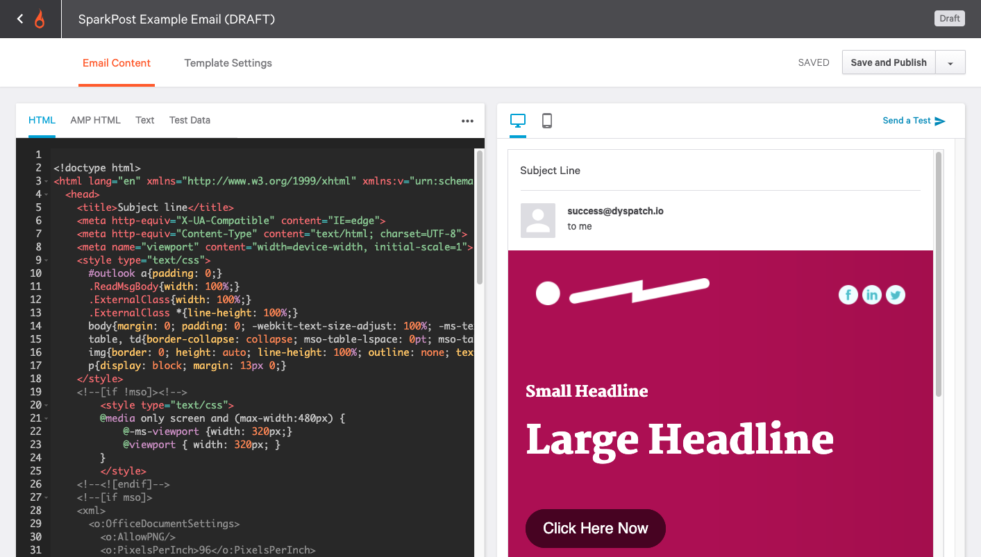 SparkPost HTML editor screen. Paste in your HTML source code here