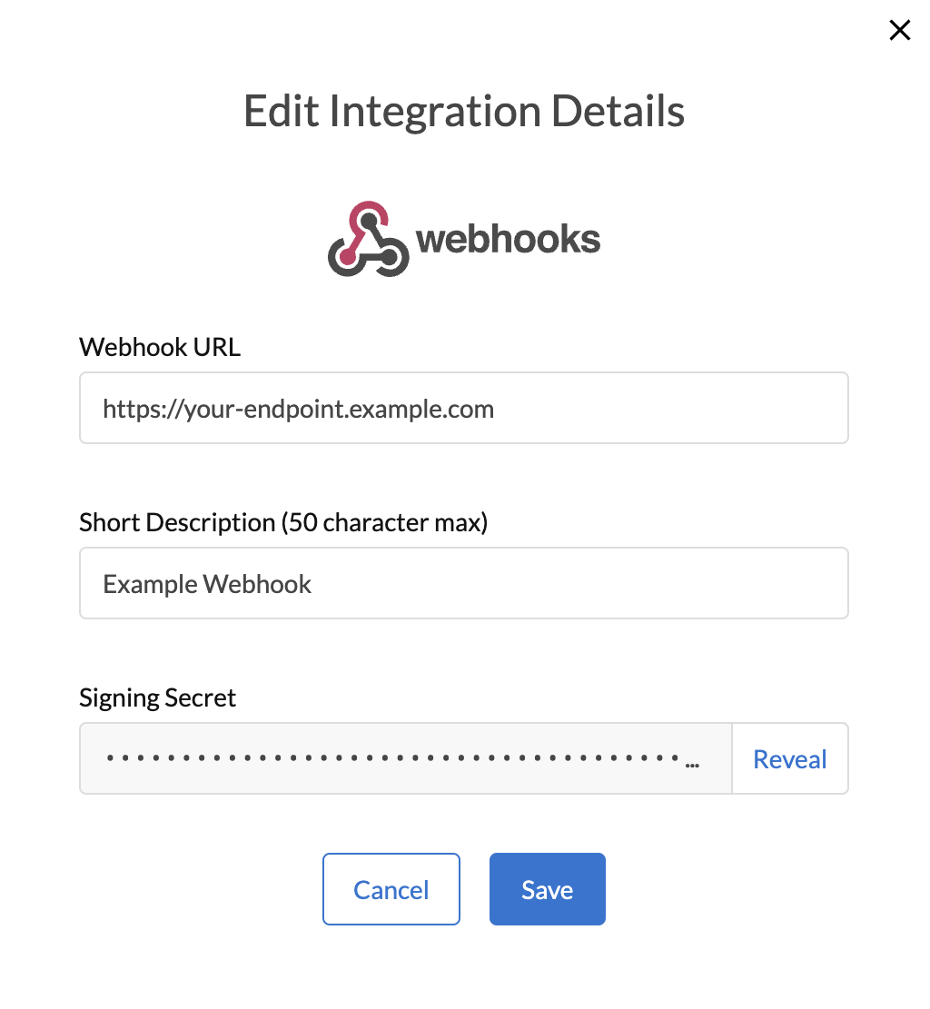 Webhook integration pop up modal with Webhook URL, Webhook description, and signing secret