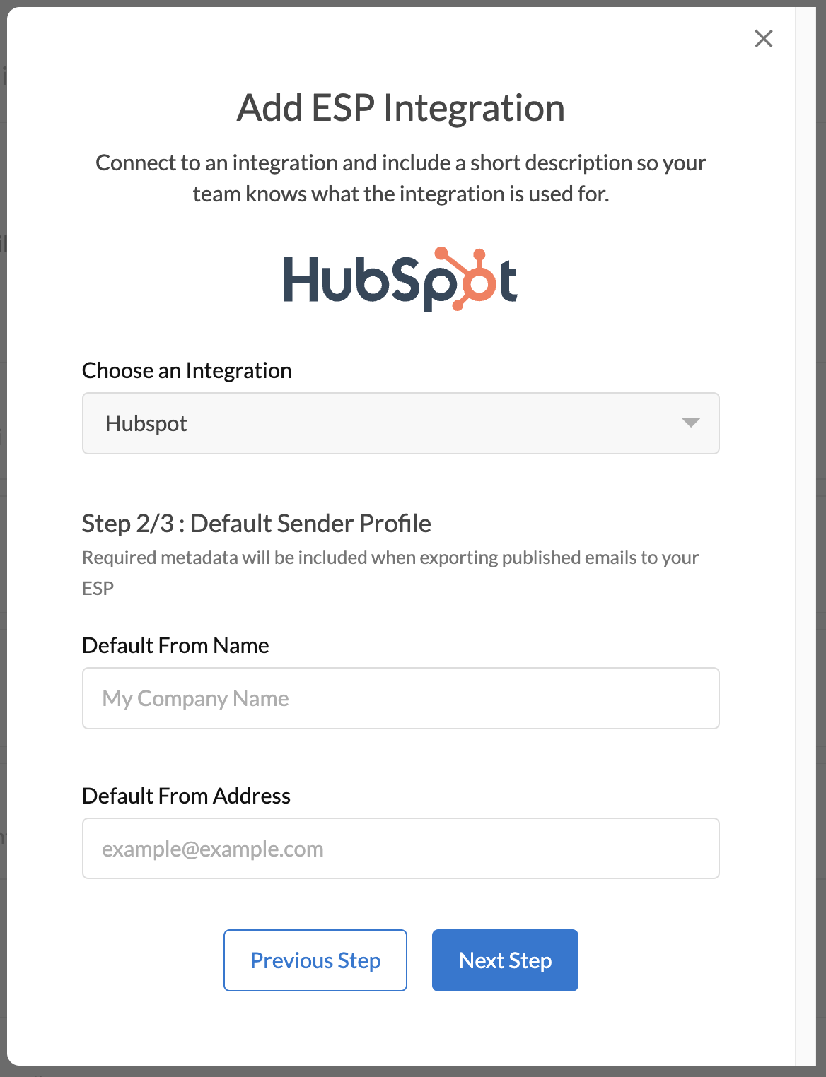 HubSpot integration modal page 2 with fields for default from name and address