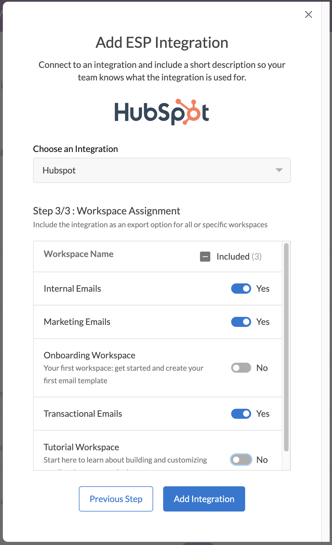 HubSpot integration modal page 3 with toggles for organization Workspace access