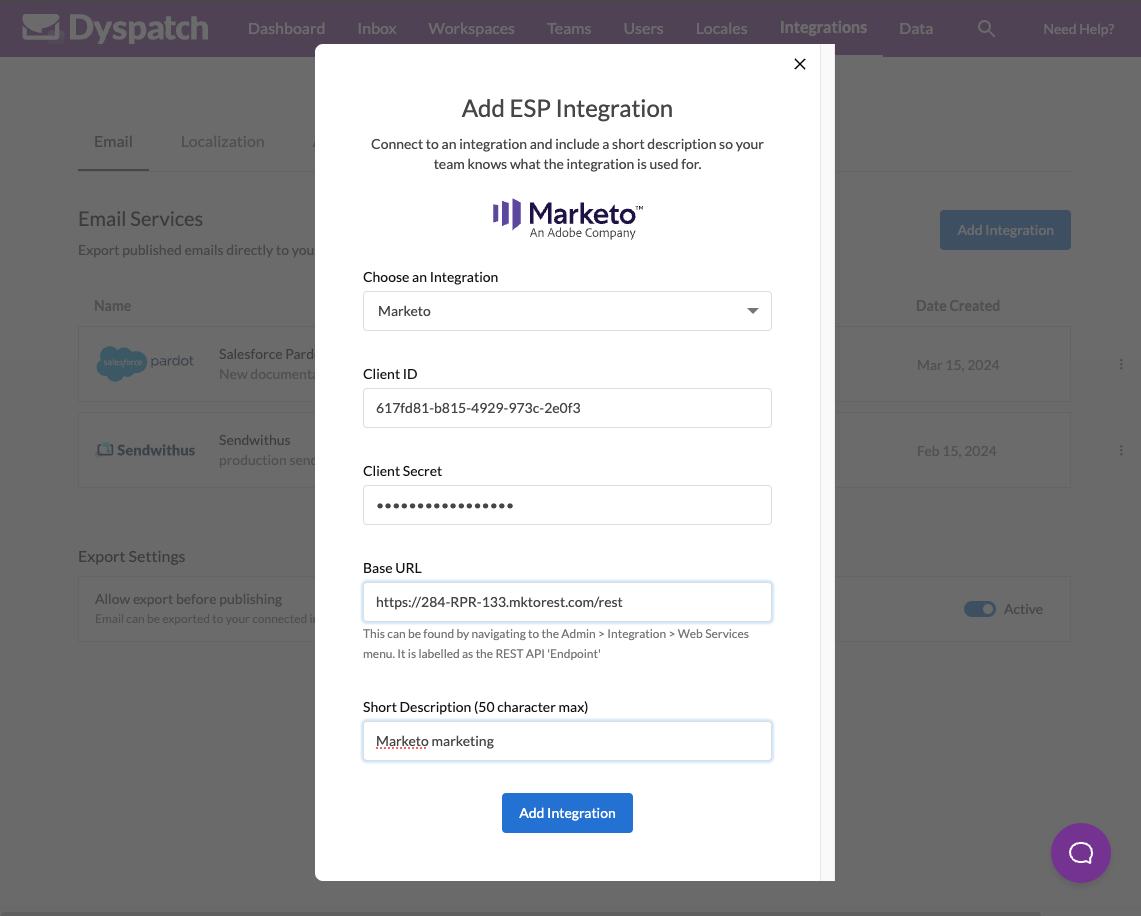 Marketo new email service integration form filled out with examples.