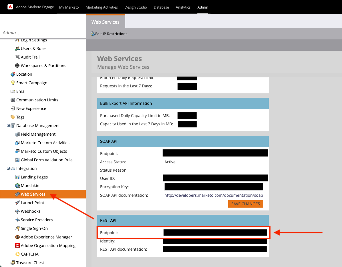 Marketo rest api endpoint under web services menu.