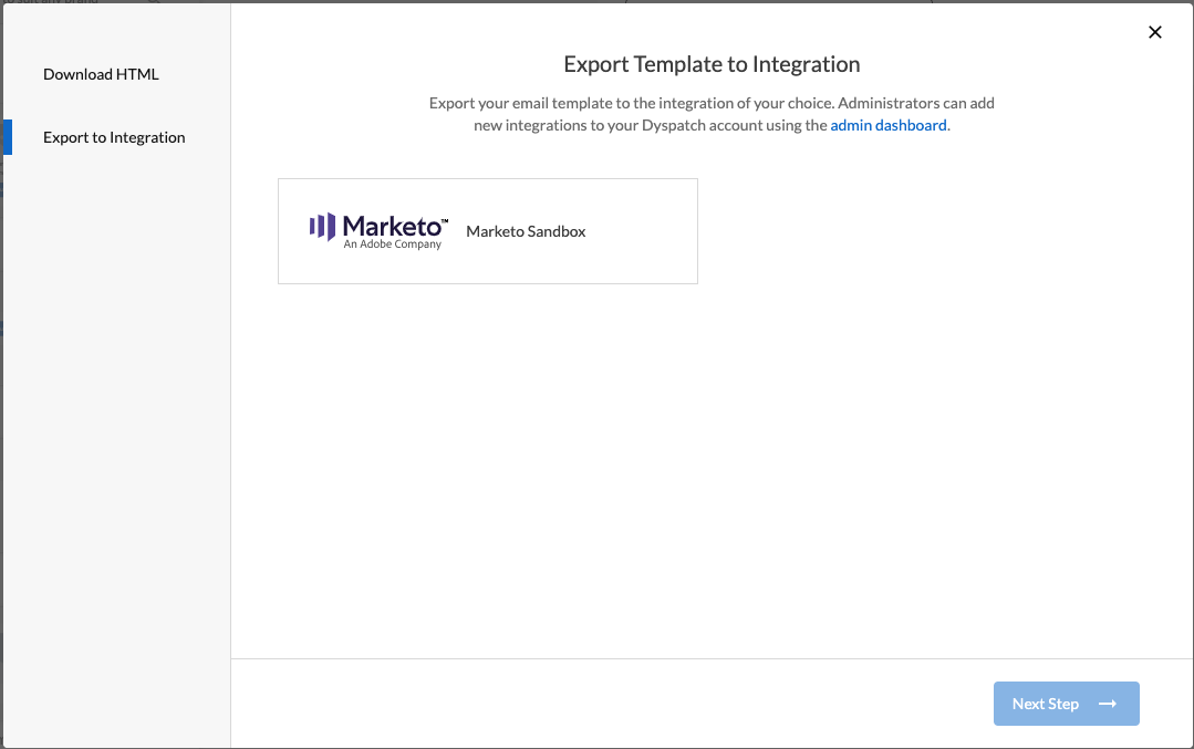 direct export of email to Marketo option in export modal.