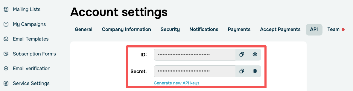 SendPulse API settings page