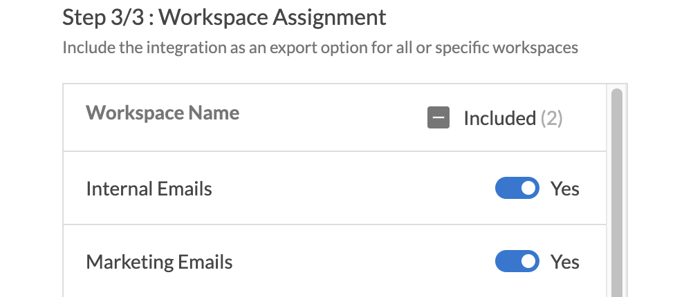 Toggle for workspaces included in the third ESP integration modal for a new Sendwithus Integration in Dyspatch