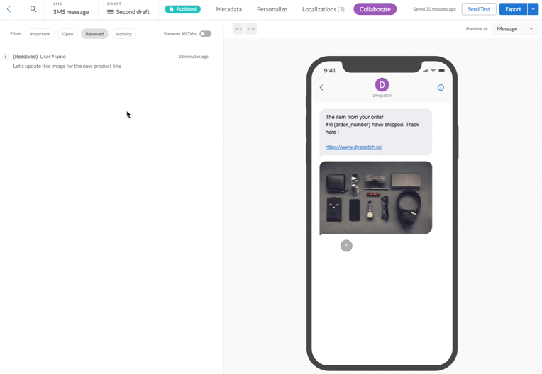 Exporting a published SMS message from Dyspatch