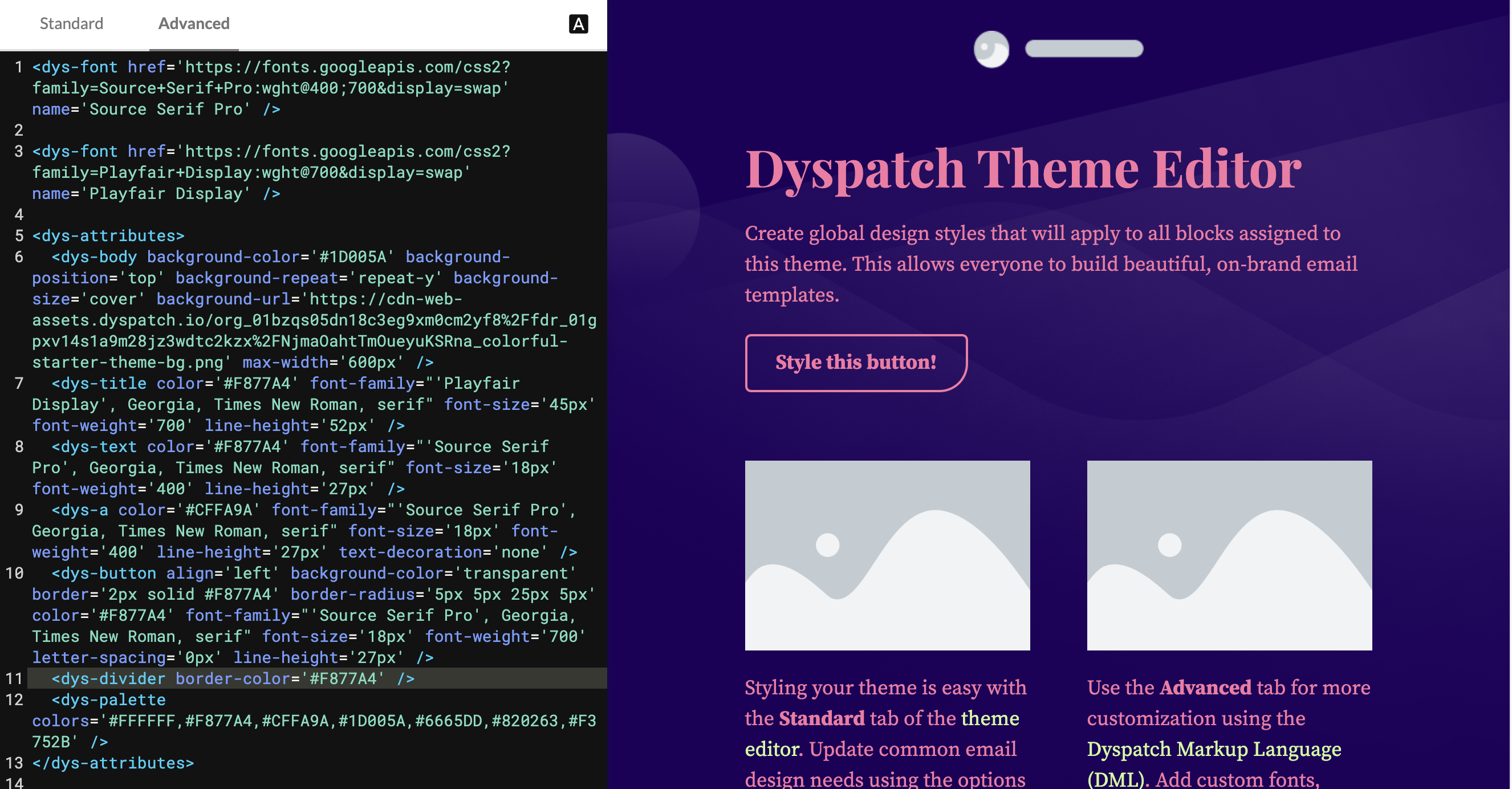 The Advanced tab within the theme editor with theme DML to set the style