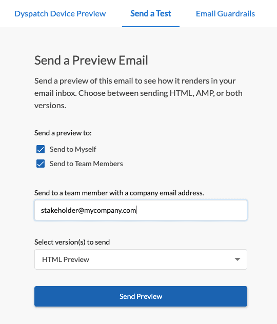 Menu to add emails of your team to a preview test send