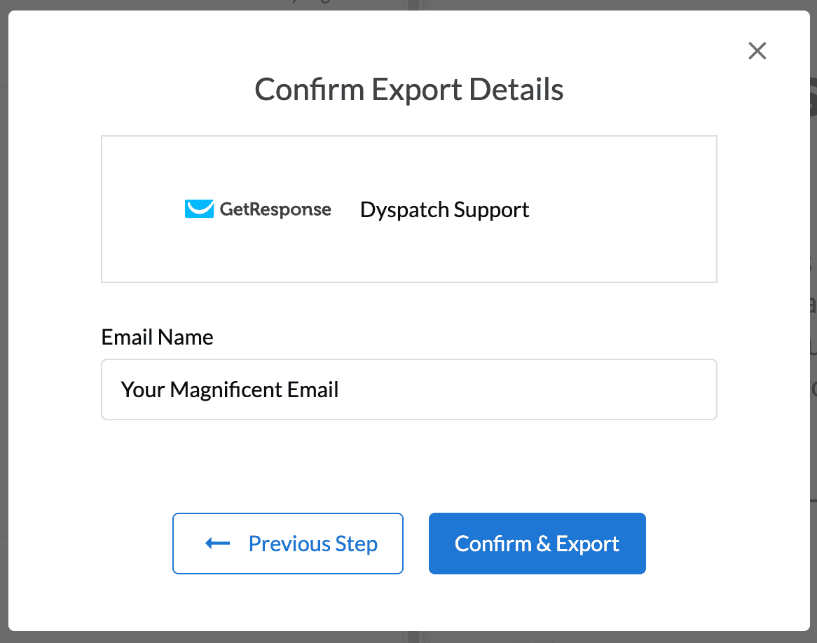 adding email name and confirming export to GetResponse