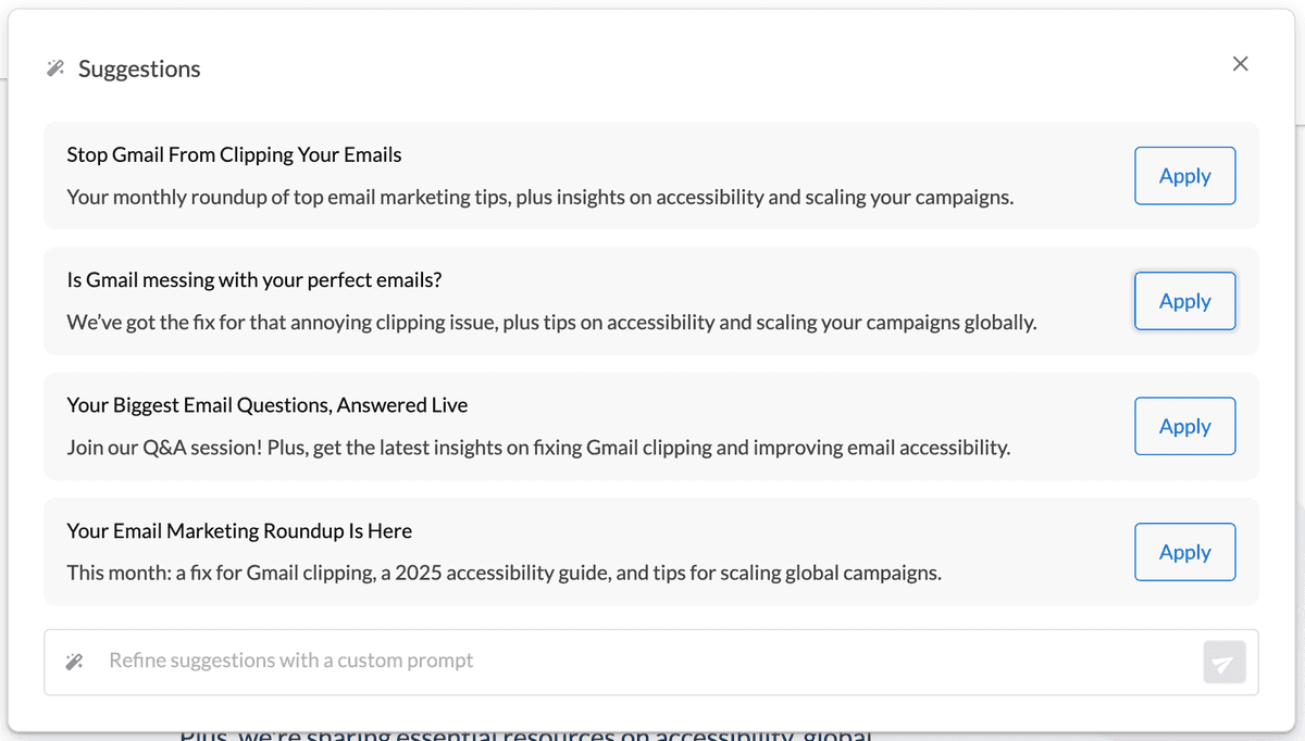 Four Subject line and preheader suggestions with Apply buttons next to them