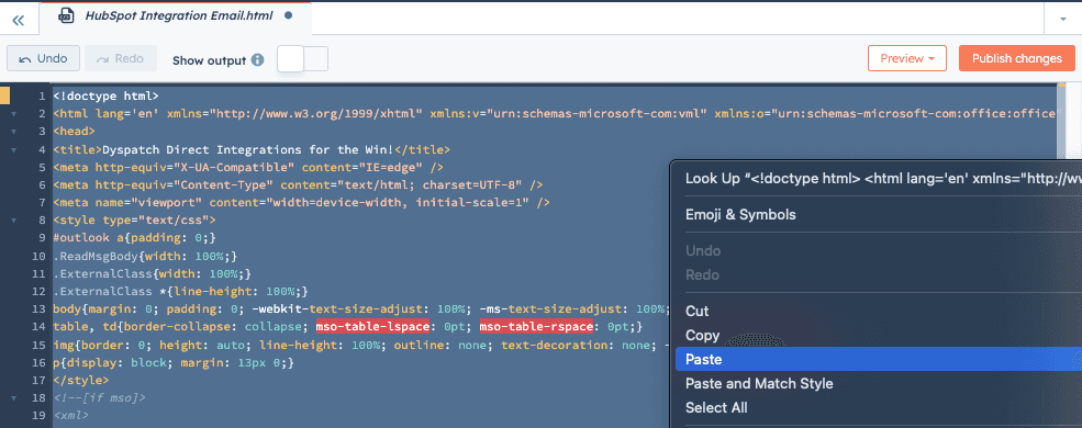 Screenshot of pasing HTML code into the HubSpot email builder