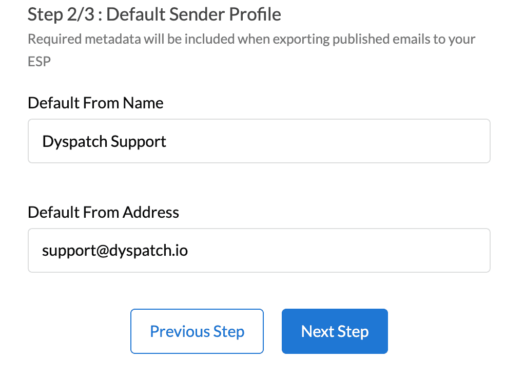 Dyspatch Add ESP Integration modal page 2 with default from name and default from address inputs