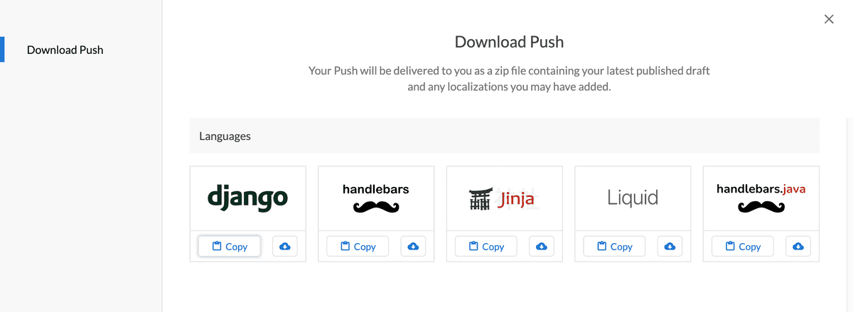 Download push modal with templating language options django, handlebars, jinja, liquid, and handlebars.java