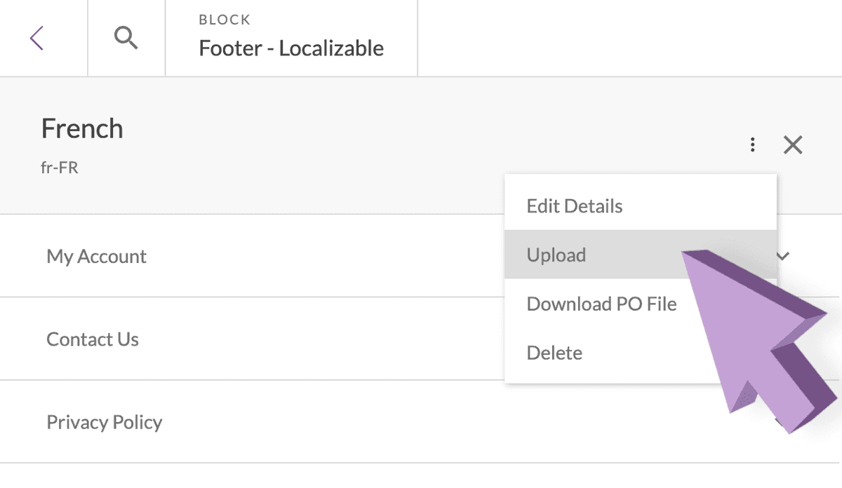 Selecting upload in the app to add PO translation files for a locale.