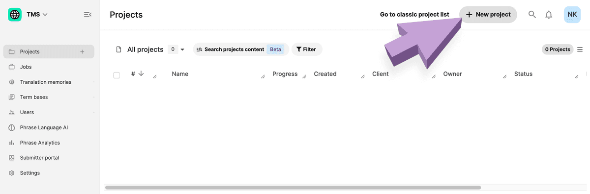 Arrow pointing to the new project button in Phrase TMS account