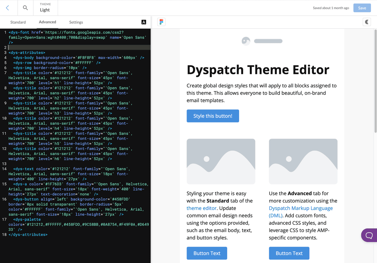 The Advanced tab within the theme editor with theme DML to set the style