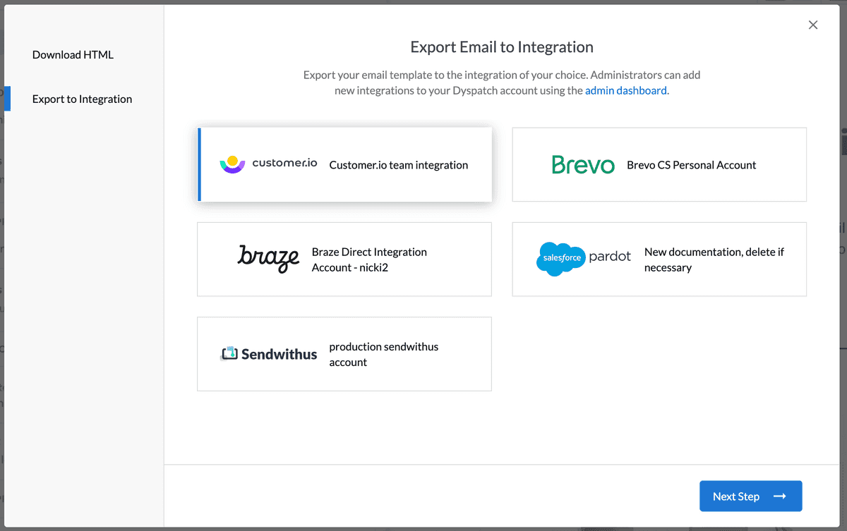 Export Email to Integration modal in Dyspatch