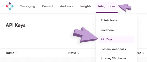 Iterable top navigation with arrows to the Integrations dropdown and the API keys option.