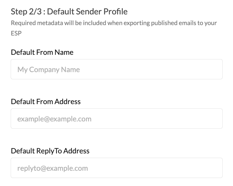 Setup modal 2/3 for Iterable ESP integration with default from name, email, and replyto fields