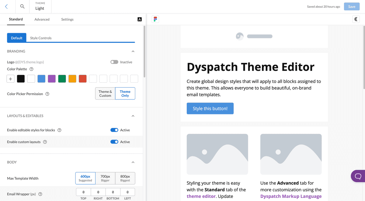 The standard tab within the theme editor with basic options for updating styles The standard tab within the theme editor with basic options for updating styles
