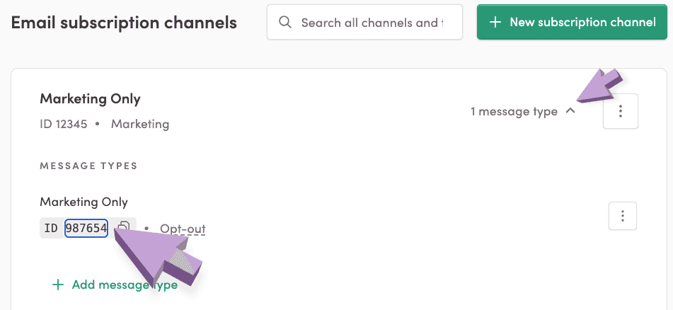 Iterable Subscription Channels page with Email subscription channels and arrows to the message type ID.