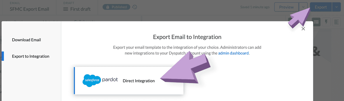 Pardot card to select from the export to integration modal