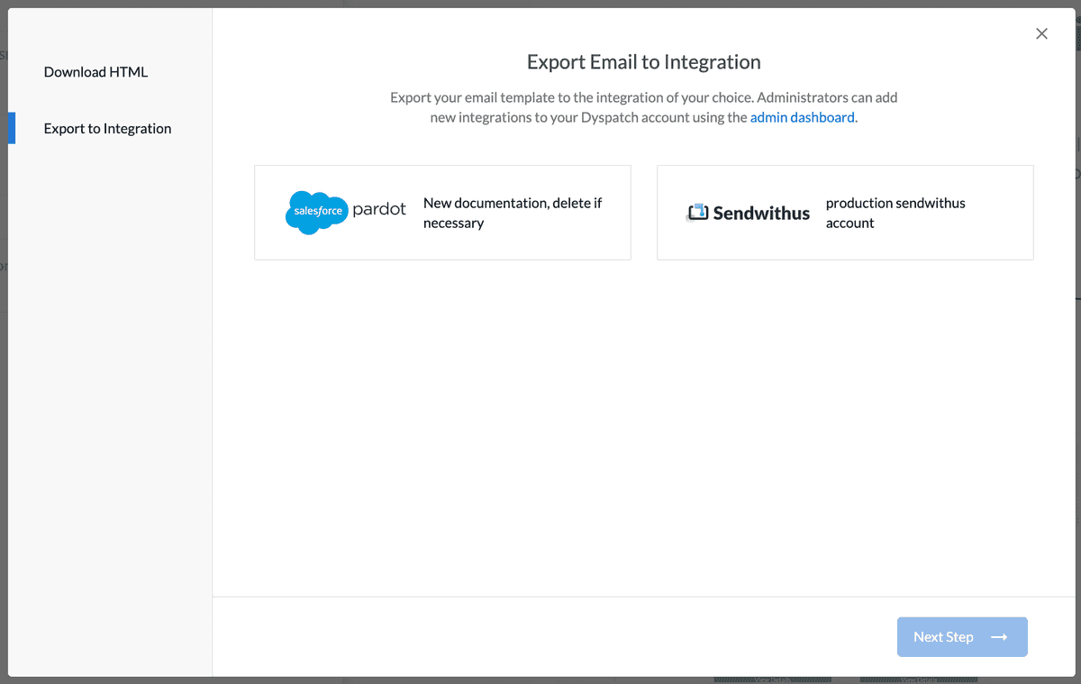 Export to integration modal screen