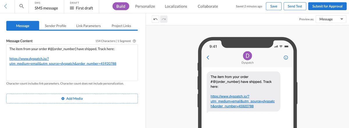 Text being built in the SMS builder