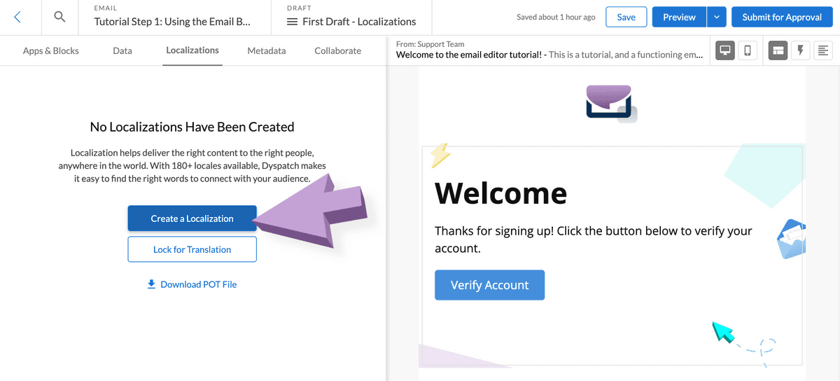 Arrow pointing to Create a Localization button in the Dyspatch Email Builder