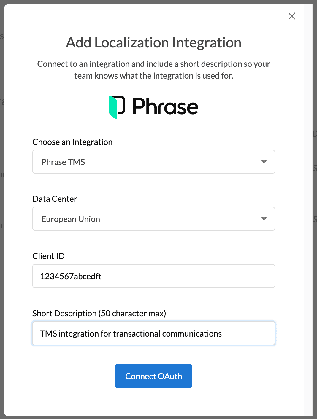 Dyspatch Add Localization Integration modal with sample values filled out