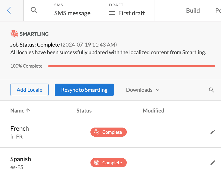 Smartling job status indicator in Dyspatch