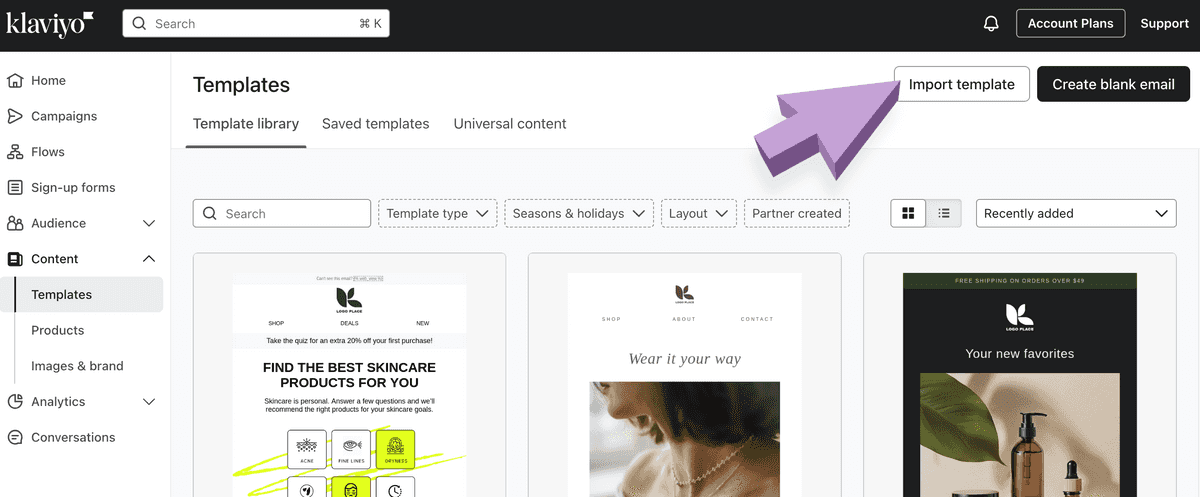 Arrow pointing to Import template option in Klaviyo's template page